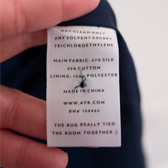 AYR Something Special Dress Navy Blue Silk Cotton Midi Smocked Drop Waist SZ S - Picture 7 of 7